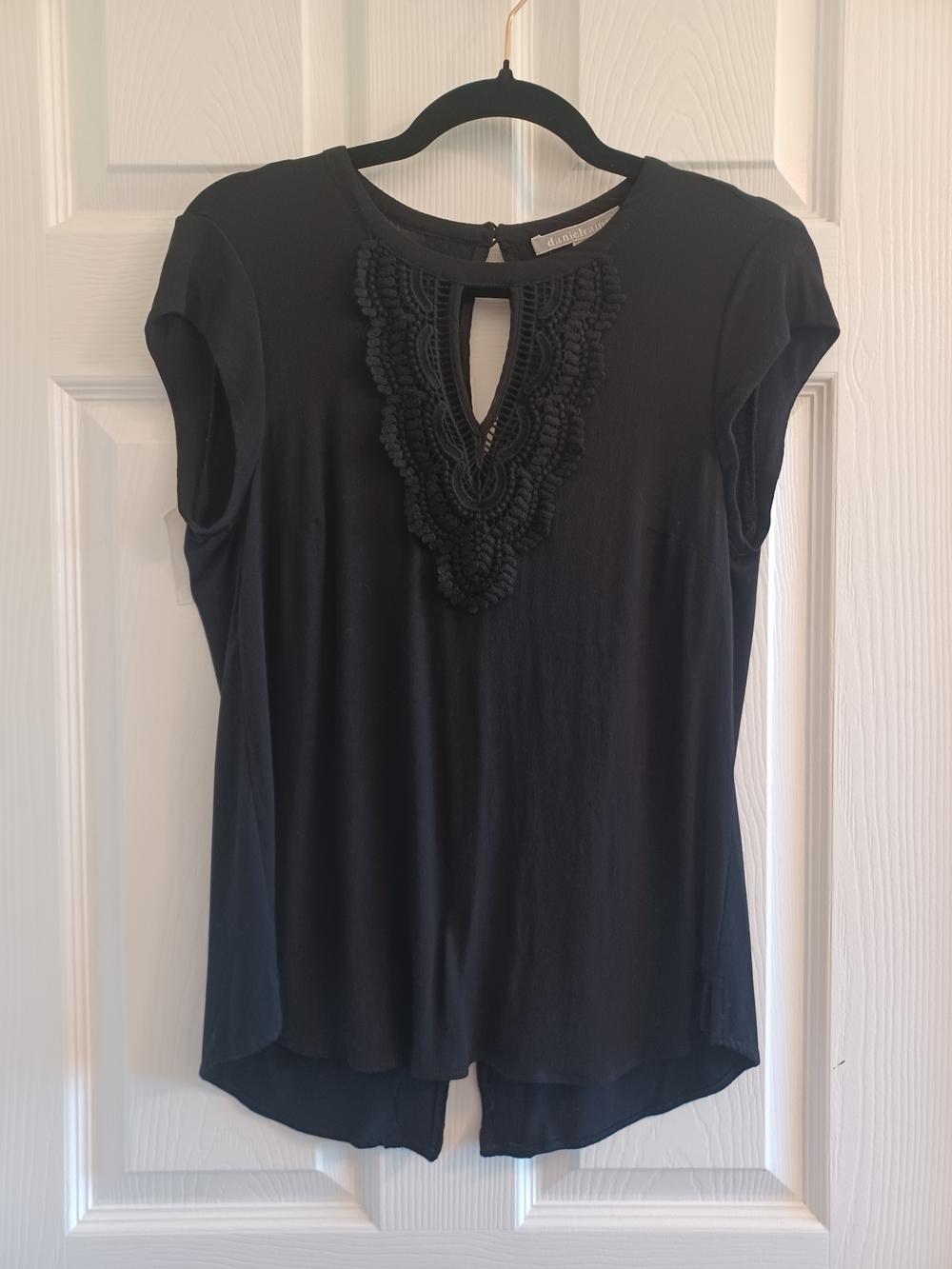 Black Cap Sleeve Top with Crochet Keyhole Office Chic Dressy